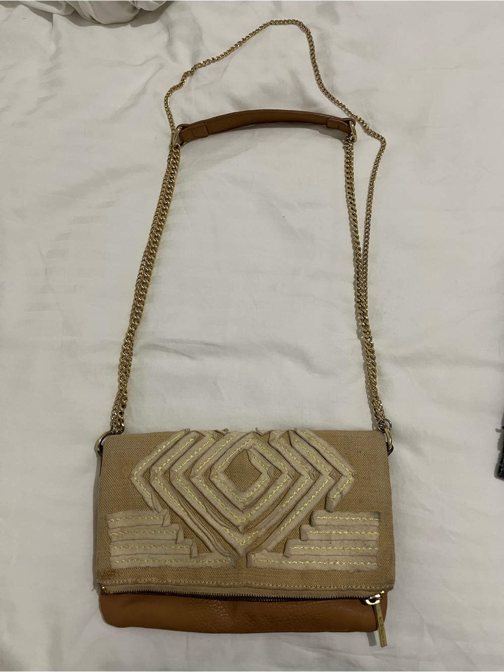 BCBGeneration Beige and Tan Embroidered Chain Crossbody